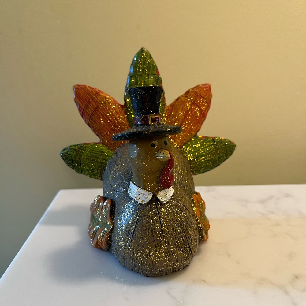 Thanksgiving Pilgrim Turkey Resin Figurine with Glitter Feathers